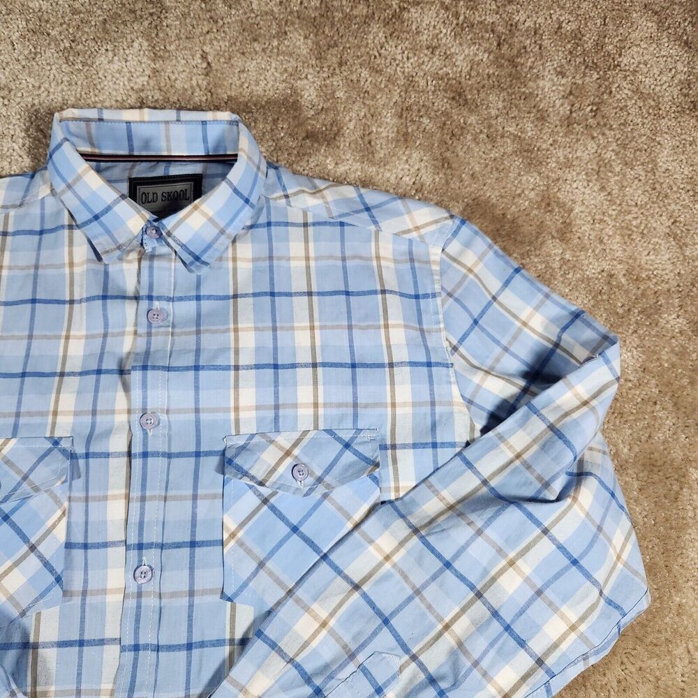 Old Skool BROWN Blue PLAID Button Up front Long sleeve men's shirt Medium #313
